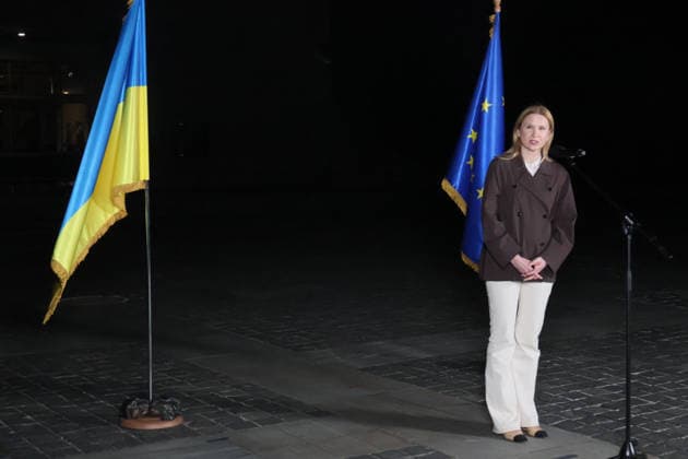 RECORD DATE NOT STATED Deputy Chairperson of the Verkhovna Rada of Ukraine Olena Kondratiuk participates in the illumination ceremony of the Motherland Monument in the colors of the European Union flag during Europe Day celebrations, Kyiv, Ukraine, on May 9, 2026 (Photo by Pavlo Bahmut Ukrinform) Motherland Monument illuminated in EU colors on Europe Day  Copyright: xPavloxBahmutx