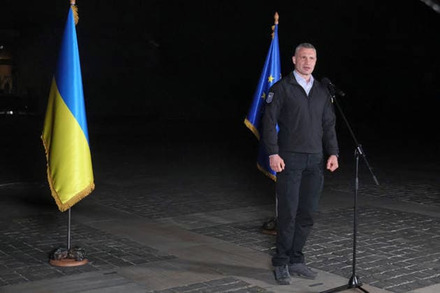 RECORD DATE NOT STATED Kyiv Mayor Vitalii Klitschko attends the ceremonial illumination of the Motherland Monument in the colors of the European Union flag to celebrate Europe Day, Kyiv, Ukraine, on May 9, 2026 (Photo by Pavlo Bahmut Ukrinform) Motherland Monument illuminated in EU colors on Europe Day  Copyright: xPavloxBahmutx