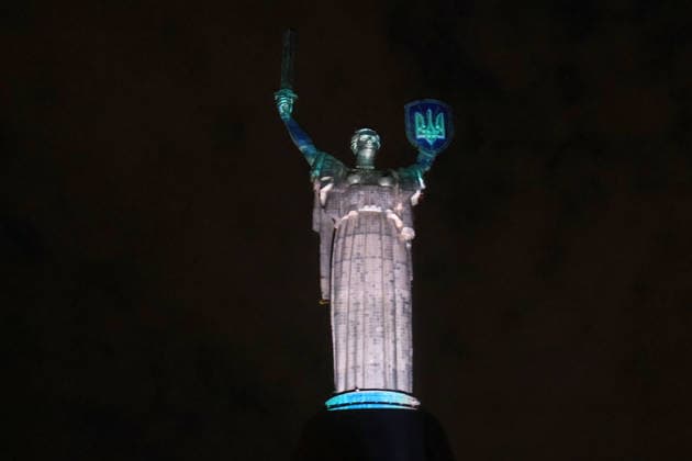 RECORD DATE NOT STATED The Motherland Monument lit up in the colors of the European Union flag during Europe Day celebrations, Kyiv, Ukraine, on May 9, 2026 (Photo by Pavlo Bahmut Ukrinform) Motherland Monument illuminated in EU colors on Europe Day  Copyright: xPavloxBahmutx