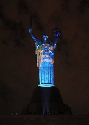 RECORD DATE NOT STATED The Motherland Monument lit up in the colors of the European Union flag during Europe Day celebrations, Kyiv, Ukraine, on May 9, 2026 (Photo by Pavlo Bahmut Ukrinform) Motherland Monument illuminated in EU colors on Europe Day  Copyright: xPavloxBahmutx