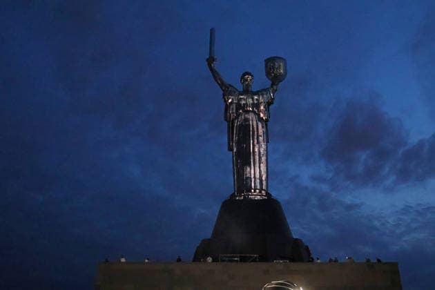 RECORD DATE NOT STATED The Motherland Monument is seen during a lighting ceremony on the occasion of Europe Day, Kyiv, Ukraine, on May 9, 2026 (Photo by Pavlo Bahmut Ukrinform) Motherland Monument illuminated in EU colors on Europe Day  Copyright: xPavloxBahmutx