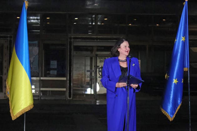 RECORD DATE NOT STATED Ambassador of the European Union to Ukraine Katarina Mathernova attends a ceremony illuminating the Motherland Monument in EU flag colors to mark Europe Day, Kyiv, Ukraine, on May 9, 2026 (Photo by Pavlo Bahmut Ukrinform) Motherland Monument illuminated in EU colors on Europe Day  Copyright: xPavloxBahmutx