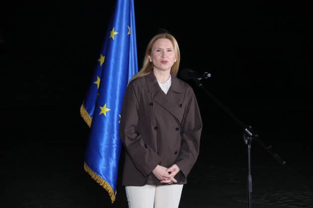 RECORD DATE NOT STATED Deputy Chairperson of the Verkhovna Rada of Ukraine Olena Kondratiuk participates in the illumination ceremony of the Motherland Monument in the colors of the European Union flag during Europe Day celebrations, Kyiv, Ukraine, on May 9, 2026 (Photo by Pavlo Bahmut Ukrinform) Motherland Monument illuminated in EU colors on Europe Day  Copyright: xPavloxBahmutx