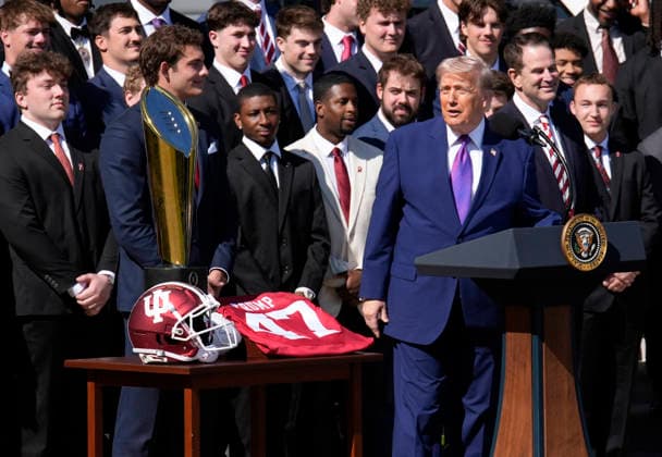 Donald Trump hosts Indiana University Football Champions - Washington US President Donald Trump welcomes the 2026 College National Football Champions, Indiana University to the White House during a ceremony on the south lawn on May 11, 2026 in Washington, DC. Photo by Yuri Gripas ABACAPRESS.COM Washington DC United States  Copyright: xPool ABACAx