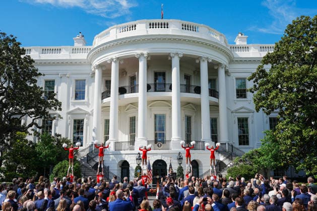 DC: President Trump hosts 2026 National Football Champions Indiana University The Indiana University cheerleaders perform during an event hosting the 2026 National Football Champions Indiana University on the South Lawn of The White House in Washington D.C., on Monday, May 11, 2026. (Photo by Aaron Schwartz Pool ABACAPRESS.COM) Washington District of Columbia United States  Copyright: xPool ABACAx