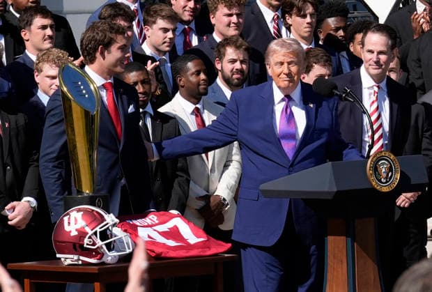 Donald Trump hosts Indiana University Football Champions - Washington US President Donald Trump welcomes the 2026 College National Football Champions, Indiana University to the White House during a ceremony on the south lawn on May 11, 2026 in Washington, DC. Photo by Yuri Gripas ABACAPRESS.COM Washington DC United States  Copyright: xPool ABACAx