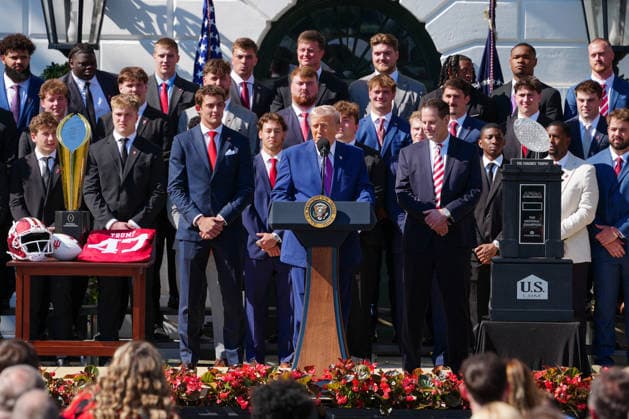DC: President Trump hosts 2026 National Football Champions Indiana University President Donald Trump speaks during an event hosting the 2026 National Football Champions Indiana University on the South Lawn of The White House in Washington D.C., on Monday, May 11, 2026. (Photo by Aaron Schwartz Pool ABACAPRESS.COM) Washington District of Columbia United States  Copyright: xPool ABACAx