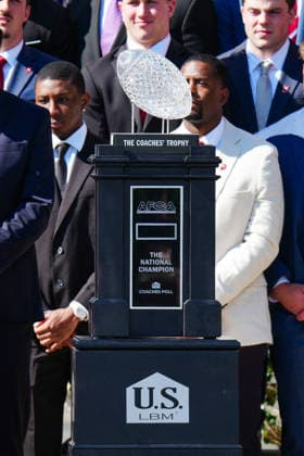 DC: President Trump hosts 2026 National Football Champions Indiana University The. Aches’ Trophy sits on a table during an event hosting the 2026 National Football Champions Indiana University on the South Lawn of The White House in Washington D.C., on Monday, May 11, 2026. (Photo by Aaron Schwartz Pool ABACAPRESS.COM) Washington District of Columbia United States  Copyright: xPool ABACAx