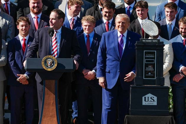 DC: President Trump hosts 2026 National Football Champions Indiana University Indiana University head coach Curt Cignetti speaks as President Donald Trump looks on during an event hosting the 2026 National Football Champions Indiana University on the South Lawn of The White House in Washington D.C., on Monday, May 11, 2026. (Photo by Aaron Schwartz Pool ABACAPRESS.COM) Washington District of Columbia United States  Copyright: xPool ABACAx