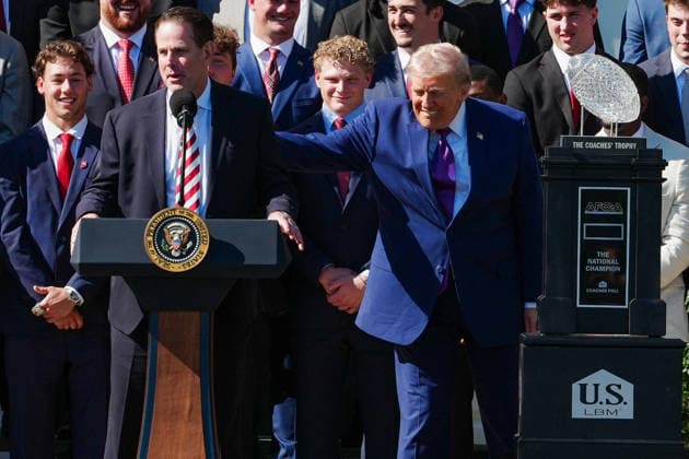 DC: President Trump hosts 2026 National Football Champions Indiana University Indiana University head coach Curt Cignetti speaks as President Donald Trump pats him on the back during an event hosting the 2026 National Football Champions Indiana University on the South Lawn of The White House in Washington D.C., on Monday, May 11, 2026. (Photo by Aaron Schwartz Pool ABACAPRESS.COM) Washington District of Columbia United States  Copyright: xPool ABACAx