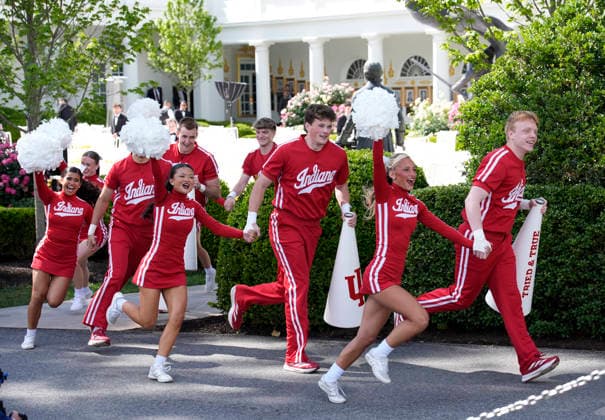 Donald Trump hosts Indiana University Football Champions - Washington Indiana cheerleaders arrive during a ceremony to welcome the 2026 College National Football Champions, Indiana University to the White House on the south lawn on May 11, 2026 in Washington, DC. Photo by Yuri Gripas ABACAPRESS.COM Washington DC United States  Copyright: xPool ABACAx
