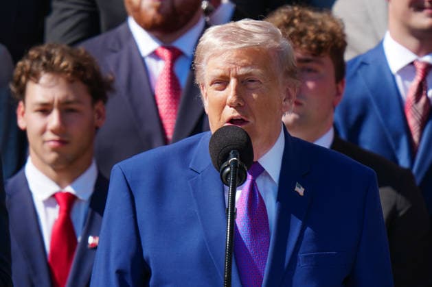 President Donald Trump speaks during an event hosting the 2026 National Football Champions Indiana University on the South Lawn of The White House in Washington DC on Monday, May 11, 2026.  WASP20260511134 AaronxSchwartz