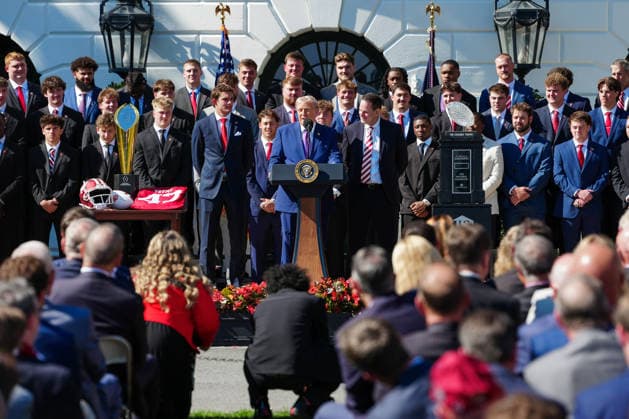 President Donald Trump speaks during an event hosting the 2026 National Football Champions Indiana University on the South Lawn of The White House in Washington D.C., on Monday, May 11, 2026.  WASP20260511136 AaronxSchwartz
