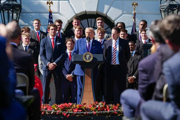 DC: President Trump hosts 2026 National Football Champions Indiana University President Donald Trump speaks during an event hosting the 2026 National Football Champions Indiana University on the South Lawn of The White House in Washington D.C., on Monday, May 11, 2026. (Photo by Aaron Schwartz Pool ABACAPRESS.COM) Washington District of Columbia United States  Copyright: xPool ABACAx