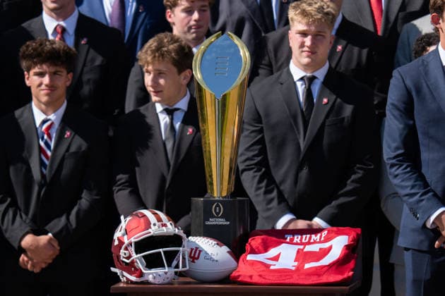 DC: President Trump hosts 2026 National Football Champions Indiana University A memorabilia jersey, helmet and football gift to President Trump are displayed during an event hosting the 2026 National Football Champions Indiana University on the South Lawn of The White House in Washington D.C., on Monday, May 11, 2026. Washington District of Columbia United States  Copyright: xPool ABACAx