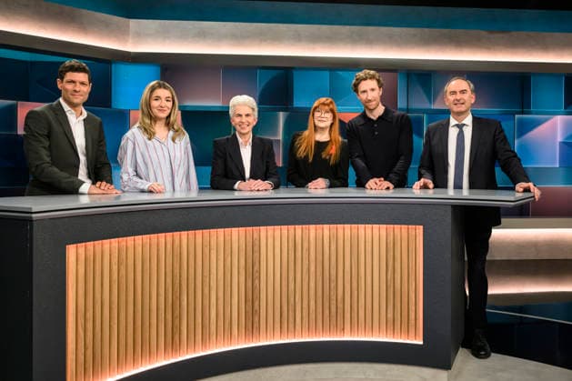 in the picture from l Ronen Steinke, Caro Worbs, Marie Agnes Strack Zimmermann, Katja Ebstein, Louis Klamroth, Hubert Aiwanger , GER, Berlin, hart aber fair Polittalk, TV, Format, with presenter Louis Klamroth, Das Erste, Das Thema Mehr als Musik Wie politisch ist der ESC 11 05 2026, Copyright: HMBxMedia UwexKoch