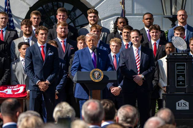 President Donald Trump welcomes the 2026 College Football National Champions from Indiana University to the White House during a ceremony on the South Lawn in Washington, DC on Monday, May 11, 2026.  WAP20260511304 BONNIExCASH