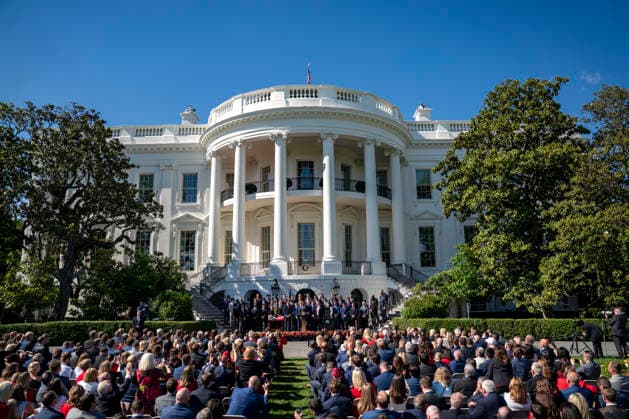 President Donald Trump welcomes the 2026 College Football National Champions from Indiana University to the White House during a ceremony on the South Lawn in Washington, DC on Monday, May 11, 2026.  WAP20260511317 BONNIExCASH