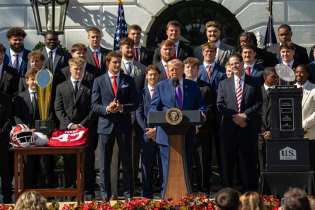 May 11, 2026, Washington, Dc, United States: President DONALD TRUMP welcomes the Indiana University college football national champions to the White House South Lawn on May 11, 2026. Washington United States  - ZUMAl312 20260511_znp_l312_018 Copyright: xAndrewxLeydenx