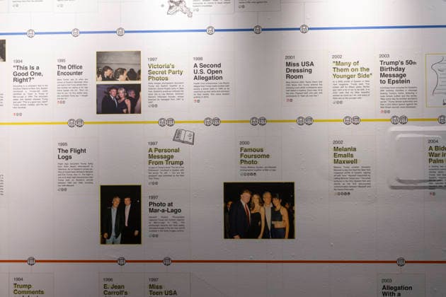 May 11, 2026, New York, New York, USA: A timeline titled Trump and Epstein Through the Years A DOCUMENTED TIMELINE at The Donald J. Trump and Jeffrey Epstein Memorial Reading Room, which holds 3,437 volumes of the released and partially redacted Epstein files. Visitors may access the Tribeca, Manhattan installation by appointment. Organizers state that the intention of The Reading Room is to keep public attention on the crimes of Epstein and the Epstein class, challenge the Trump administrationÃ¢â‚¬â ¢s attempts to bury them, and to support survivors as they seek justice. Resources for sexual assault survivors are available on site as are information about contacting the Department of Justice, a place to share reflections and a candleligh - ZUMAr174 20260511_znp_r174_022 Copyright: xGinaxMxRandazzox