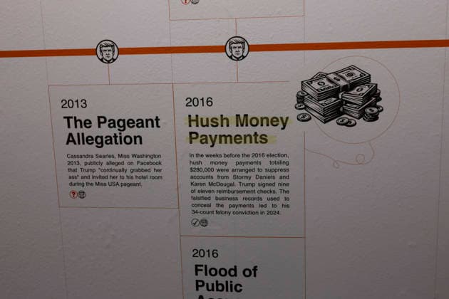 May 11, 2026, New York, New York, USA: A timeline titled Trump and Epstein Through the Years A DOCUMENTED TIMELINE reads 2013 The Pageant Allegation 2016 Hush Money Payments at The Donald J. Trump and Jeffrey Epstein Memorial Reading Room, which holds 3,437 volumes of the released and partially redacted Epstein files. Visitors may access the Tribeca, Manhattan installation by appointment. Organizers state that the intention of The Reading Room is to keep public attention on the crimes of Epstein and the Epstein class, challenge the Trump administrationÃ¢â‚¬â ¢s attempts to bury them, and to support survivors as they seek justice. Resources for sexual assault survivors are available on site as are information about contacting the Departm - ZUMAr174 20260511_znp_r174_026 Copyright: xGinaxMxRandazzox