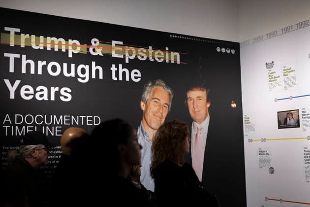 May 11, 2026, New York, New York, USA: People read a timeline titled Trump and Epstein Through the Years A DOCUMENTED TIMELINE at The Donald J. Trump and Jeffrey Epstein Memorial Reading Room which holds 3,437 volumes of the released and partially redacted Epstein files. Visitors may access the Tribeca, Manhattan installation by appointment. Organizers state that the intention of The Reading Room is to keep public attention on the crimes of Epstein and the Epstein class, challenge the Trump administrationÃ¢â‚¬â ¢s attempts to bury them, and to support survivors as they seek justice. Resources for sexual assault survivors are available on site as are information about contacting the Department of Justice, a place to share reflections and - ZUMAr174 20260511_znp_r174_027 Copyright: xGinaxMxRandazzox