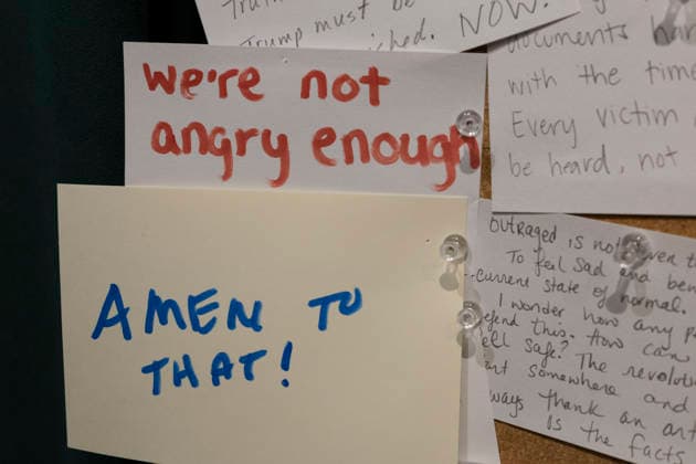May 11, 2026, New York, New York, USA: A bulletin board where visitors may share reflections holds cards that read we re not angry enough AMEN TO THAT! at The Donald J. Trump and Jeffrey Epstein Memorial Reading Room, which holds 3,437 volumes of the released and partially redacted Epstein files. Visitors may access the Tribeca, Manhattan installation by appointment. Organizers state that the intention of The Reading Room is to keep public attention on the crimes of Epstein and the Epstein class, challenge the Trump administrationÃ¢â‚¬â ¢s attempts to bury them, and to support survivors as they seek justice. Resources for sexual assault survivors are available on site as are a timeline of Epstein and President Trump s relationship, inform - ZUMAr174 20260511_znp_r174_039 Copyright: xGinaxMxRandazzox