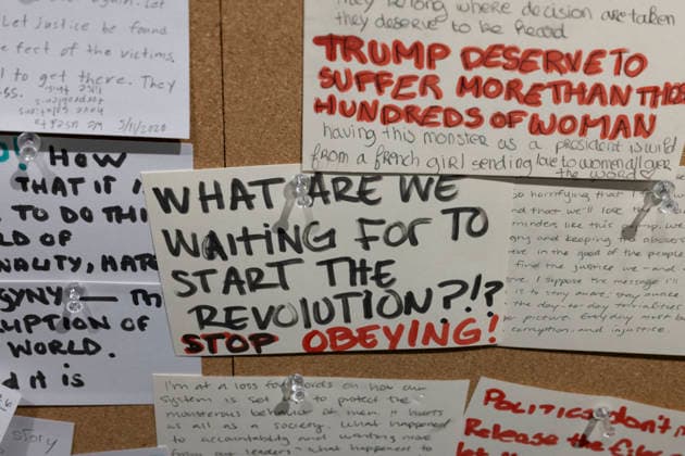 May 11, 2026, New York, New York, USA: A bulletin board where visitors may share reflections holds a card that reads WHAT ARE WE WAITING FOR TO START THE REVOLUTION!? STOP OBEYING! at The Donald J. Trump and Jeffrey Epstein Memorial Reading Room, which holds 3,437 volumes of the released and partially redacted Epstein files. Visitors may access the Tribeca, Manhattan installation by appointment. Organizers state that the intention of The Reading Room is to keep public attention on the crimes of Epstein and the Epstein class, challenge the Trump administrationÃ¢â‚¬â ¢s attempts to bury them, and to support survivors as they seek justice. Resources for sexual assault survivors are available on site as are a timeline of Epstein and President - ZUMAr174 20260511_znp_r174_040 Copyright: xGinaxMxRandazzox