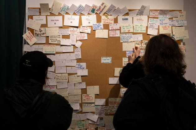 May 11, 2026, New York, New York, USA: People look at a bulletin board where visitors may share reflections at The Donald J. Trump and Jeffrey Epstein Memorial Reading Room, which holds 3,437 volumes of the released and partially redacted Epstein files. Visitors may access the Tribeca, Manhattan installation by appointment. Organizers state that the intention of The Reading Room is to keep public attention on the crimes of Epstein and the Epstein class, challenge the Trump administrationÃ¢â‚¬â ¢s attempts to bury them, and to support survivors as they seek justice. Resources for sexual assault survivors are available on site as are a timeline of Epstein and President Trump s relationship, information about contacting the Department of Justi - ZUMAr174 20260511_znp_r174_042 Copyright: xGinaxMxRandazzox