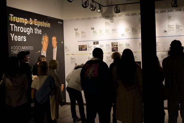 May 11, 2026, New York, New York, USA: People read a timeline titled Trump and Epstein Through the Years A DOCUMENTED TIMELINE at The Donald J. Trump and Jeffrey Epstein Memorial Reading Room which holds 3,437 volumes of the released and partially redacted Epstein files. Visitors may access the Tribeca, Manhattan installation by appointment. Organizers state that the intention of The Reading Room is to keep public attention on the crimes of Epstein and the Epstein class, challenge the Trump administrationÃ¢â‚¬â ¢s attempts to bury them, and to support survivors as they seek justice. Resources for sexual assault survivors are available on site as are information about contacting the Department of Justice, a place to share reflections and - ZUMAr174 20260511_znp_r174_052 Copyright: xGinaxMxRandazzox