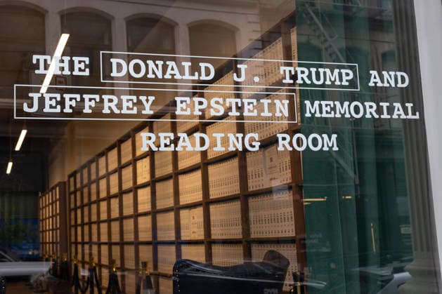 May 11, 2026, New York, New York, USA: The exterior of The Donald J. Trump and Jeffrey Epstein Memorial Reading Room, which holds 3,437 volumes of the released and partially redacted Epstein files. Visitors may access the Tribeca, Manhattan installation by appointment. Organizers state that the intention of The Reading Room is to keep public attention on the crimes of Epstein and the Epstein class, challenge the Trump administrationÃ¢â‚¬â ¢s attempts to bury them, and to support survivors as they seek justice. Resources for sexual assault survivors are available on site as are a timeline of Epstein and President Trump s relationship, information about contacting the Department of Justice, a place to share reflections and a candlelight tribu - ZUMAr174 20260511_znp_r174_055 Copyright: xGinaxMxRandazzox