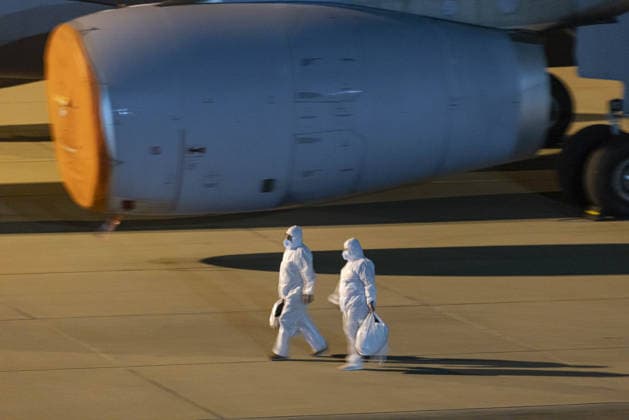Planes carrying passengers and crew from Hantavirus-hit cruise ship land at Eindhoven Airport EINDHOVEN, NETHERLANDS - MAY 11: Personnel wearing hazmat suits are seen near one of the two planes carrying passengers and crew members from the Hantavirus-affected MV Hondius cruise ship after landing at Eindhoven Airport in Eindhoven, Netherlands on May 11, 2026. Nikos Oikonomou Anadolu Eindhoven Netherlands. Editorial use only. Please get in touch for any other usage.  Copyright: x2026xAnadoluxNikosxOikonomoux