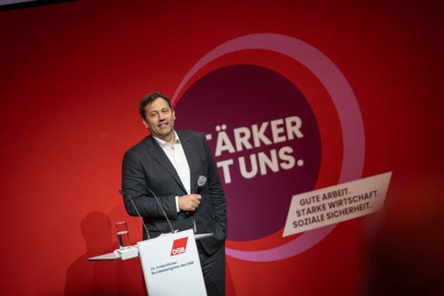 Federal Minister of Finance Lars Klingbeil addresses the Federal Congress DGB Federal Congress 2026 in Berlin German Trade Union Confederation, Berlin Berlin Germany Hotel Estrel