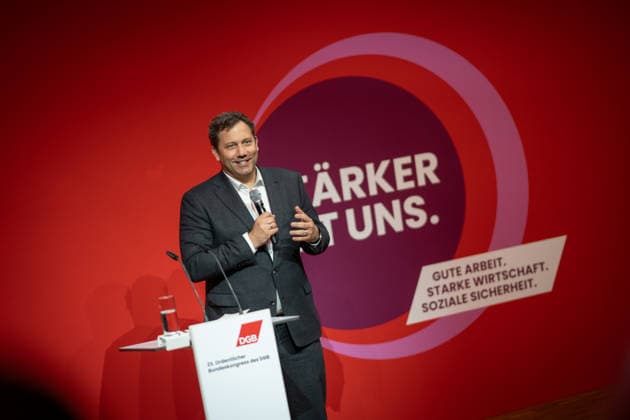 Federal Minister of Finance Lars Klingbeil addresses the Federal Congress DGB Federal Congress 2026 in Berlin German Trade Union Confederation, Berlin Berlin Germany Hotel Estrel
