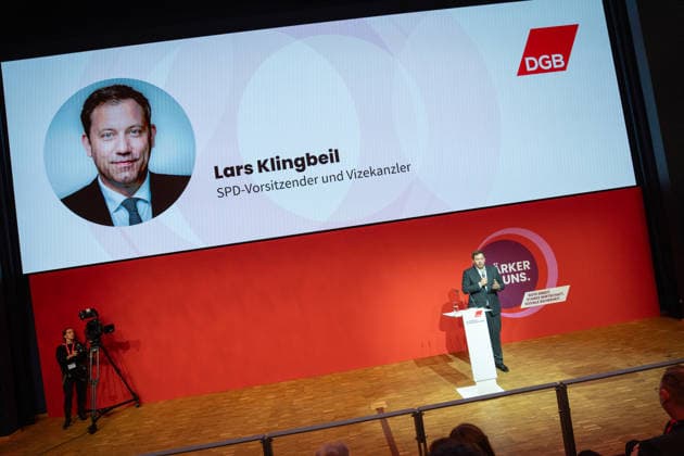 Federal Minister of Finance Lars Klingbeil addresses the Federal Congress DGB Federal Congress 2026 in Berlin German Trade Union Confederation, Berlin Berlin Germany Hotel Estrel