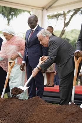 Groundbreaking ceremony for U.N. hall in Nairobi U.N. Secretary General Antonio Guterres (R) and Kenyan President William Ruto (C) attend a groundbreaking ceremony for a new 1,600-seat conference hall at the U.N. office in Nairobi on May 11, 2026.  A14AA0005543280P