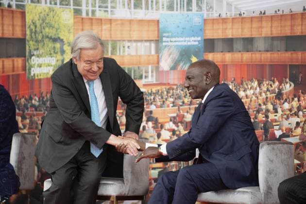 Groundbreaking ceremony for U.N. hall in Nairobi U.N. Secretary General Antonio Guterres (L) shakes hands with Kenyan President William Ruto during a groundbreaking ceremony for a new 1,600-seat conference hall at the U.N. office in Nairobi on May 11, 2026.  A14AA0005543307P