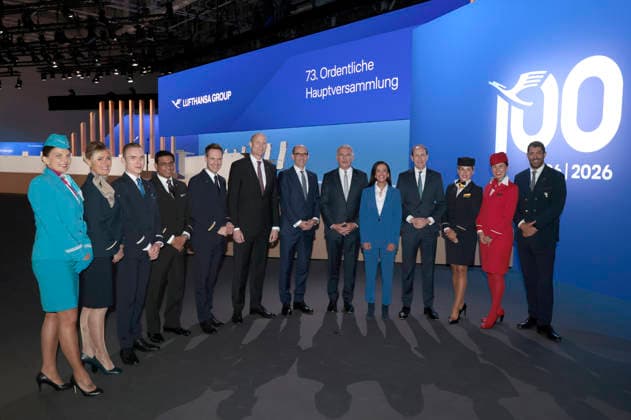 Michael Niggemann, Till Streichert, Carsten Spohr, Grazia Vittadini and Dieter Vranckx at the Annual General Meeting of Deutsche Lufthansa AG at Messe Frankfurt, Hall 5 1 Congress Center Frankfurt am Main, 12 05 2026 Foto:xR.xSchmiegeltx xFuturexImagex lufthansa_6513