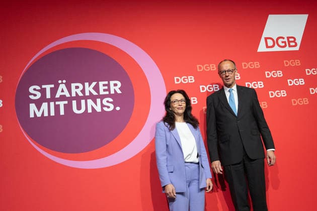 Federal Chancellor Friedrich Merz speaks at the DGB Federal Congress in Berlin, together with re-elected DGB Chairwoman Yasmin Fahimi DGB Federal Congress 2026 in Berlin German Trade Union Confederation, Berlin Berlin Germany Hotel Estrel