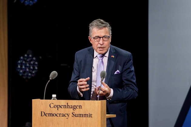 Copenhagen Democracy Summit at the Royal Danish Playhouse Anders Fogh Rasmussen, Founder and Chairman of Rasmussen Global and the Alliance of Democracies Foundation speaks at the Copenhagen Democracy Summit at the Royal Danish Playhouse on Tuesday, May 12, 2026 , Copenhagen Denmark  Copyright: Ritzau Scanpix LiselottexSabroex spdk20260512-112134-L