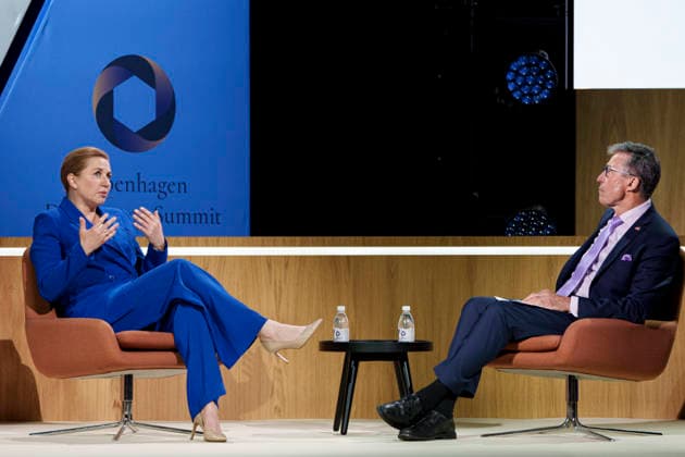 Copenhagen Democracy Summit at the Royal Danish Playhouse Danish Prime Minister Mette Frederiksen speaks with Anders Fogh Rasmussen, Founder and Chairman of Rasmussen Global and the Alliance of Democracies Foundation during the Copenhagen Democracy Summit at the Royal Danish Playhouse on Tuesday, May 12, 2026 , Copenhagen Denmark  Copyright: Ritzau Scanpix LiselottexSabroex spdk20260512-111318-L