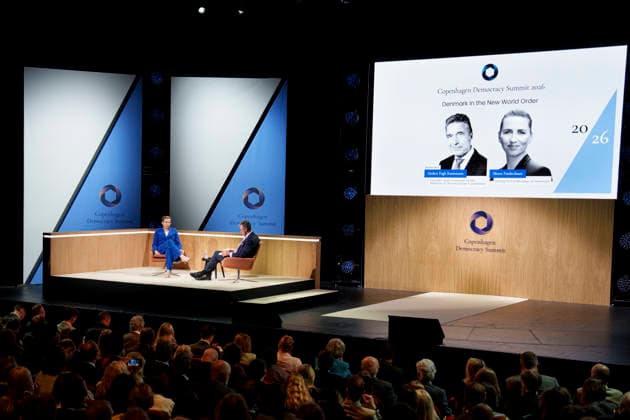 Copenhagen Democracy Summit at the Royal Danish Playhouse Anders Fogh Rasmussen, Founder and Chairman of Rasmussen Global and the Alliance of Democracies Foundation, and Danish Prime Minister Mette Frederiksen speaks at the Copenhagen Democracy Summit at the Royal Danish Playhouse on Tuesday, May 12, 2026 , Copenhagen Denmark  Copyright: Ritzau Scanpix LiselottexSabroex spdk20260512-113849-L