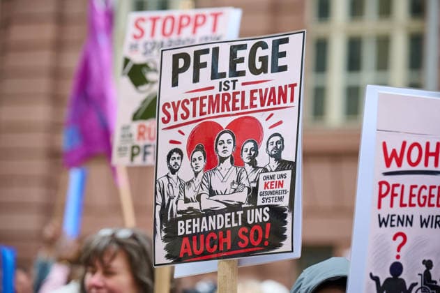 Nursing staff push for implementation of care reform on Tuesday 12 05 2026 in front of the Federal Ministry of Health in Berlin Nursing care is under pressure nationwide The announced reform is stil Copyright: epd-bild ChristianxDitsch epd-Tag_der_Pflege6-kopieren