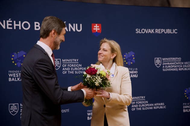 Slovakia hosts ministerial meeting of the Friends of the Western Balkans BRATISLAVA, SLOVAKIA - MAY 12: The Minister of Foreign and European Affairs of the Slovak Republic, Juraj Blanar welcomes Minister for European and International Affairs of Austria Beate Meinl-Reisinger during the ministerial meeting of the Friends of the Western Balkans group at Bratislava Castle in Bratislava, Slovakia on May 12, 2026. The event brings together foreign ministers of the member states of the Friends of the Western Balkans group (Slovakia, Czechia, Greece, Croatia, Austria, Slovenia and Italy) and representatives of the Western Balkans (Albania, Bosnia and Herzegovina, Montenegro, Kosovo, North Macedonia and Serbia), along with the European Commissioner  Copyright: x2026xAnadoluxZuzanaxGogovax