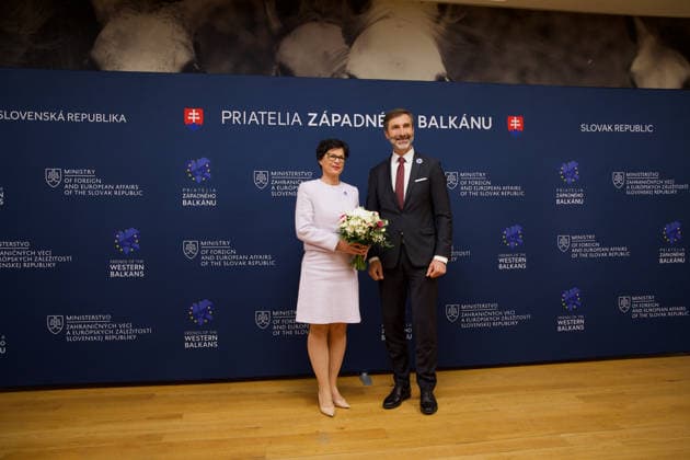 Slovakia hosts ministerial meeting of the Friends of the Western Balkans BRATISLAVA, SLOVAKIA - MAY 12: The Minister of Foreign and European Affairs of the Slovak Republic, Juraj Blanar welcomes European Commissioner for Enlargement Marta Kos during the ministerial meeting of the Friends of the Western Balkans group at Bratislava Castle in Bratislava, Slovakia on May 12, 2026. The event brings together foreign ministers of the member states of the Friends of the Western Balkans group (Slovakia, Czechia, Greece, Croatia, Austria, Slovenia and Italy) and representatives of the Western Balkans (Albania, Bosnia and Herzegovina, Montenegro, Kosovo, North Macedonia and Serbia), along with the European Commissioner for Enlargement, Marta Kos. Zuza  Copyright: x2026xAnadoluxZuzanaxGogovax