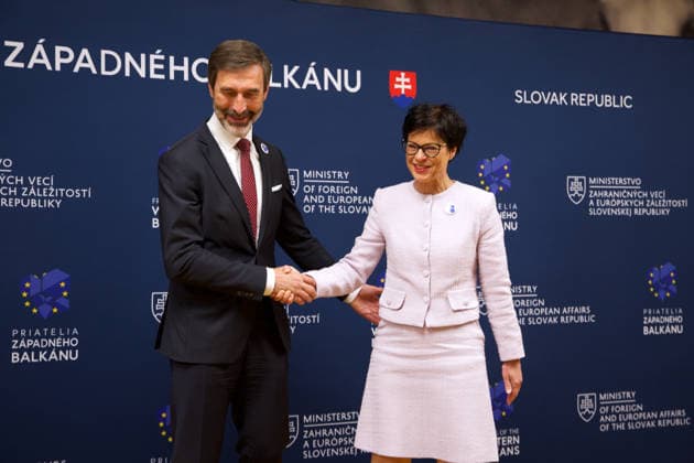 Slovakia hosts ministerial meeting of the Friends of the Western Balkans BRATISLAVA, SLOVAKIA - MAY 12: The Minister of Foreign and European Affairs of the Slovak Republic, Juraj Blanar welcomes European Commissioner for Enlargement Marta Kos during the ministerial meeting of the Friends of the Western Balkans group at Bratislava Castle in Bratislava, Slovakia on May 12, 2026. The event brings together foreign ministers of the member states of the Friends of the Western Balkans group (Slovakia, Czechia, Greece, Croatia, Austria, Slovenia and Italy) and representatives of the Western Balkans (Albania, Bosnia and Herzegovina, Montenegro, Kosovo, North Macedonia and Serbia), along with the European Commissioner for Enlargement, Marta Kos. Zuza  Copyright: x2026xAnadoluxZuzanaxGogovax