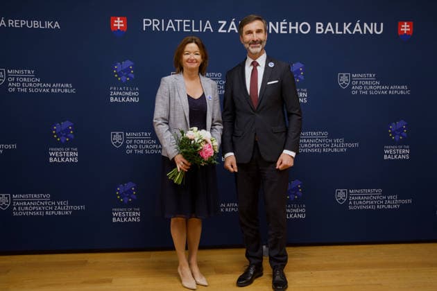 Slovakia hosts ministerial meeting of the Friends of the Western Balkans BRATISLAVA, SLOVAKIA - MAY 12: The Minister of Foreign and European Affairs of the Slovak Republic, Juraj Blanar welcomes Slovenian Foreign Minister Tanja Fajon during the ministerial meeting of the Friends of the Western Balkans group at Bratislava Castle in Bratislava, Slovakia on May 12, 2026. The event brings together foreign ministers of the member states of the Friends of the Western Balkans group (Slovakia, Czechia, Greece, Croatia, Austria, Slovenia and Italy) and representatives of the Western Balkans (Albania, Bosnia and Herzegovina, Montenegro, Kosovo, North Macedonia and Serbia), along with the European Commissioner for Enlargement, Marta Kos. Zuzana Gogova  Copyright: x2026xAnadoluxZuzanaxGogovax