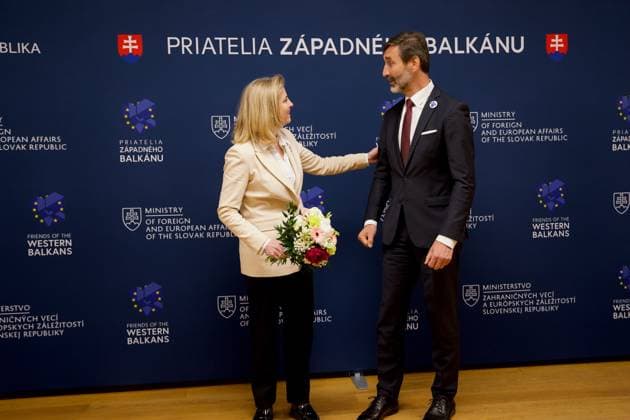Slovakia hosts ministerial meeting of the Friends of the Western Balkans BRATISLAVA, SLOVAKIA - MAY 12: The Minister of Foreign and European Affairs of the Slovak Republic, Juraj Blanar welcomes Minister for European and International Affairs of Austria Beate Meinl-Reisinger during the ministerial meeting of the Friends of the Western Balkans group at Bratislava Castle in Bratislava, Slovakia on May 12, 2026. The event brings together foreign ministers of the member states of the Friends of the Western Balkans group (Slovakia, Czechia, Greece, Croatia, Austria, Slovenia and Italy) and representatives of the Western Balkans (Albania, Bosnia and Herzegovina, Montenegro, Kosovo, North Macedonia and Serbia), along with the European Commissioner  Copyright: x2026xAnadoluxZuzanaxGogovax