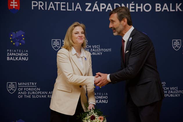 Slovakia hosts ministerial meeting of the Friends of the Western Balkans BRATISLAVA, SLOVAKIA - MAY 12: The Minister of Foreign and European Affairs of the Slovak Republic, Juraj Blanar welcomes Minister for European and International Affairs of Austria Beate Meinl-Reisinger during the ministerial meeting of the Friends of the Western Balkans group at Bratislava Castle in Bratislava, Slovakia on May 12, 2026. The event brings together foreign ministers of the member states of the Friends of the Western Balkans group (Slovakia, Czechia, Greece, Croatia, Austria, Slovenia and Italy) and representatives of the Western Balkans (Albania, Bosnia and Herzegovina, Montenegro, Kosovo, North Macedonia and Serbia), along with the European Commissioner  Copyright: x2026xAnadoluxZuzanaxGogovax