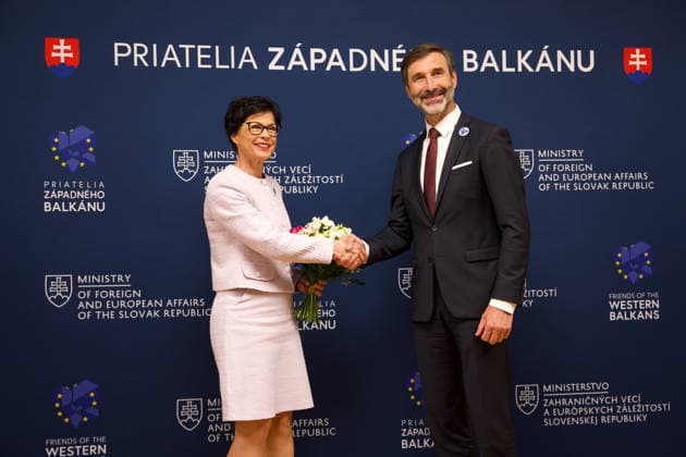 Slovakia hosts ministerial meeting of the Friends of the Western Balkans BRATISLAVA, SLOVAKIA - MAY 12: The Minister of Foreign and European Affairs of the Slovak Republic, Juraj Blanar welcomes European Commissioner for Enlargement Marta Kos during the ministerial meeting of the Friends of the Western Balkans group at Bratislava Castle in Bratislava, Slovakia on May 12, 2026. The event brings together foreign ministers of the member states of the Friends of the Western Balkans group (Slovakia, Czechia, Greece, Croatia, Austria, Slovenia and Italy) and representatives of the Western Balkans (Albania, Bosnia and Herzegovina, Montenegro, Kosovo, North Macedonia and Serbia), along with the European Commissioner for Enlargement, Marta Kos. Zuza  Copyright: x2026xAnadoluxZuzanaxGogovax
